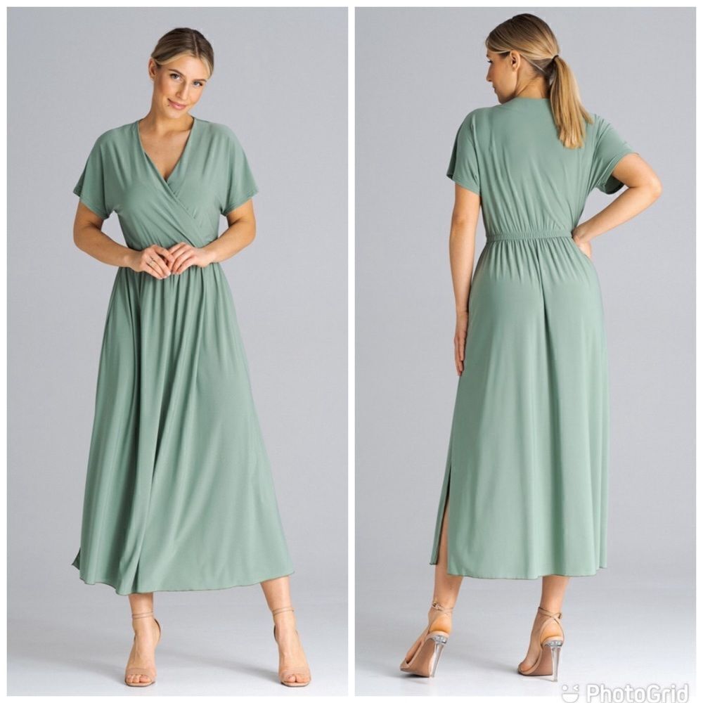 New overlapping neckline Maxi dress with short drooping sleeves